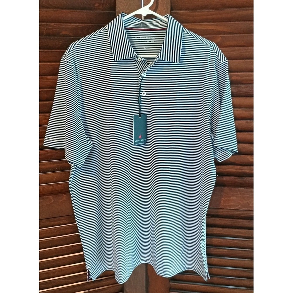NWT Michel Rouen Performance Polo‎ Black & White Stripe Size Large Wicking
